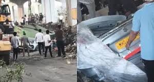 कंटेनर से कार पर गिरी 40 टन लोहे की प्लेट, ओवरटेक करते समय हुआ भयानक हादसा, देखें वीडियो